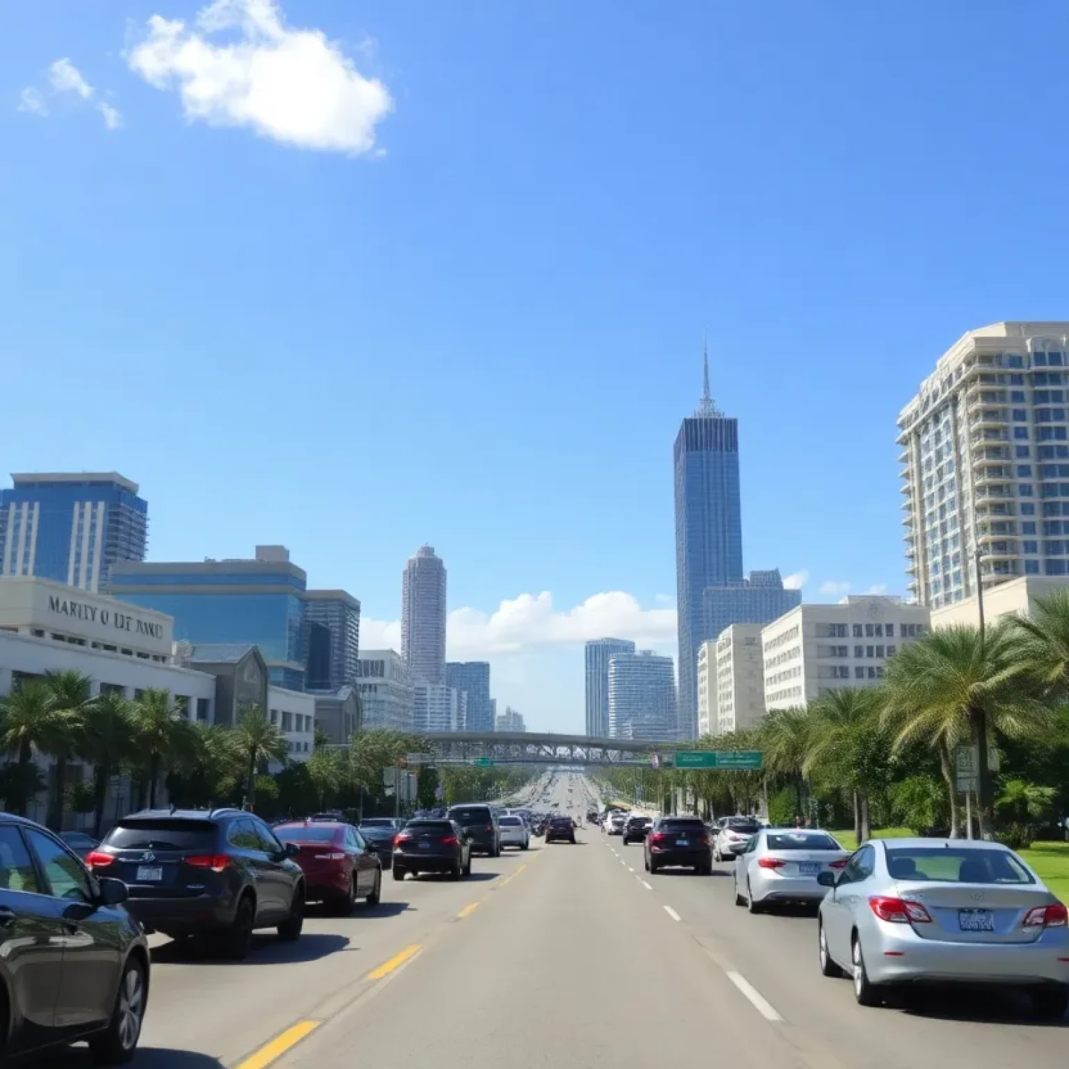 Cityscape of Orlando Florida with cars driving under sunny skies