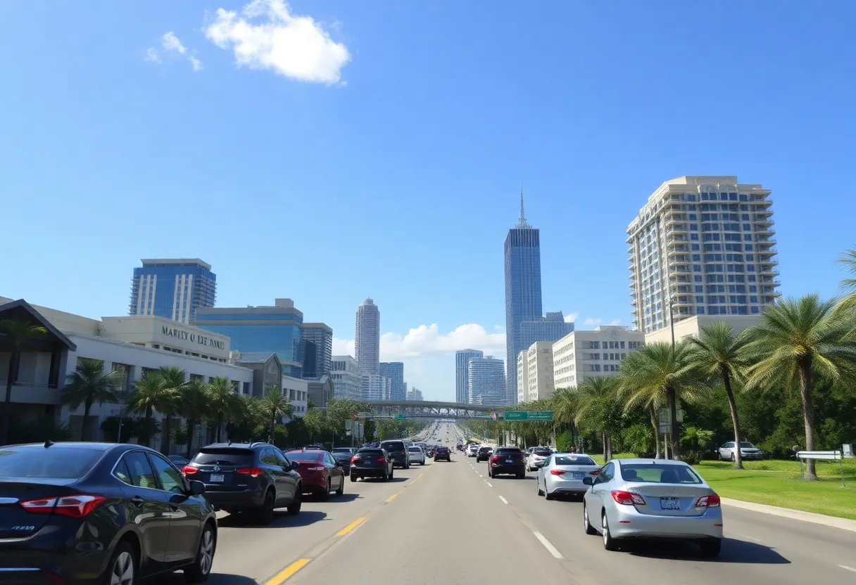 Cityscape of Orlando Florida with cars driving under sunny skies