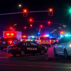 Scene of a car accident involving a police vehicle at a busy intersection