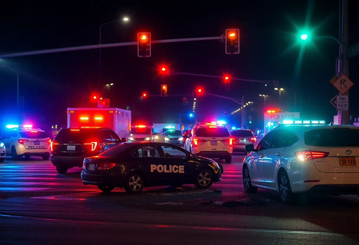 Scene of a car accident involving a police vehicle at a busy intersection