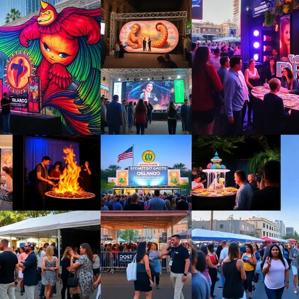 A vibrant collage representing various Orlando events including festivals and concerts.