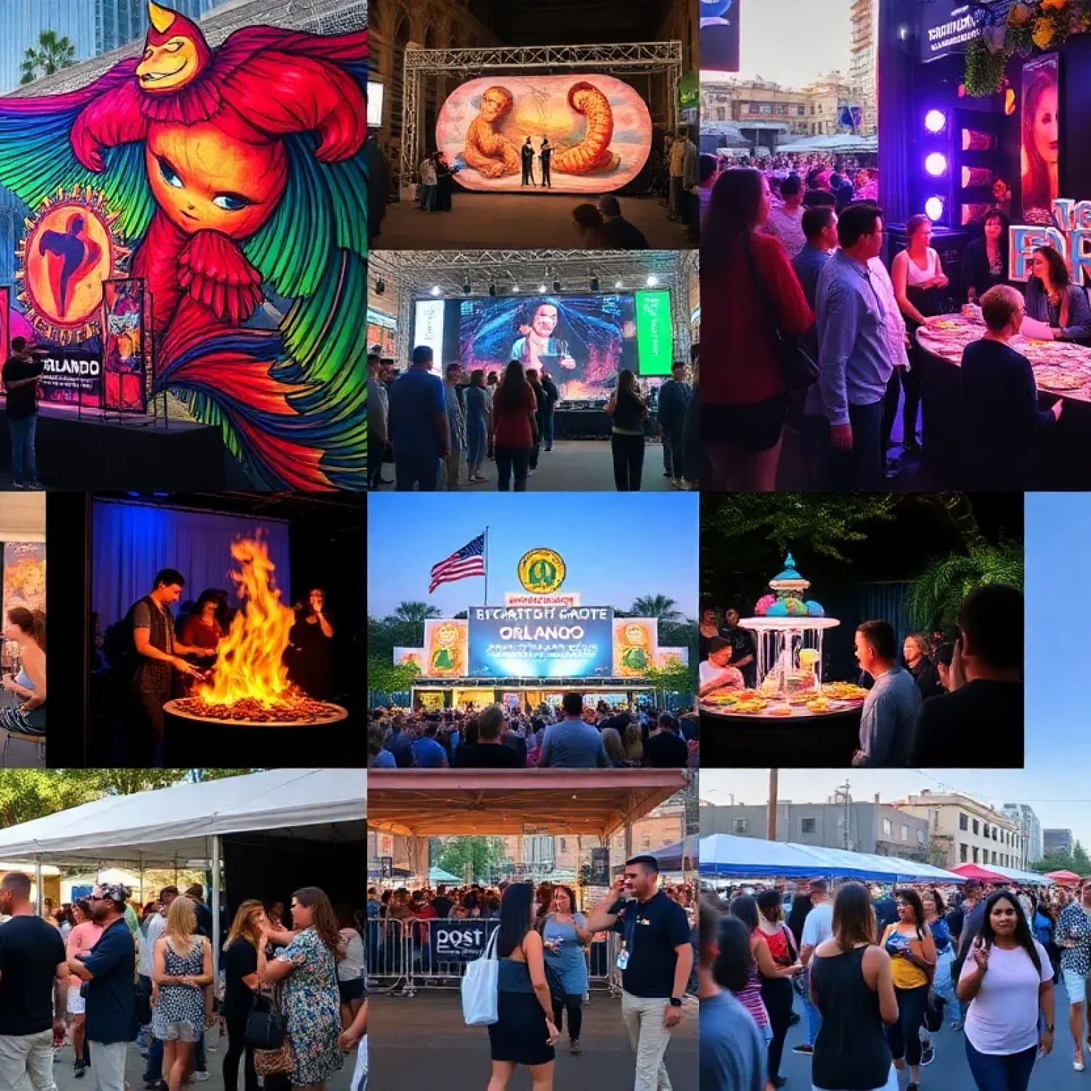 A vibrant collage representing various Orlando events including festivals and concerts.