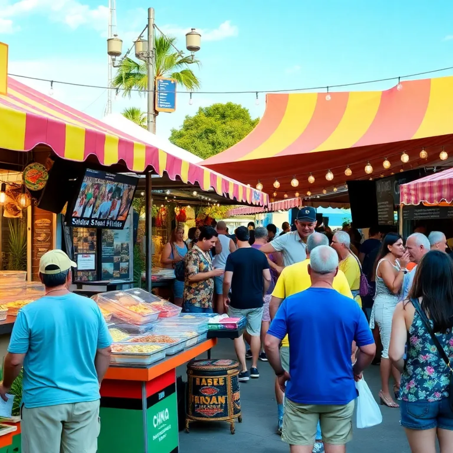 Scene from a vibrant food festival in Orlando with food stalls and attendees