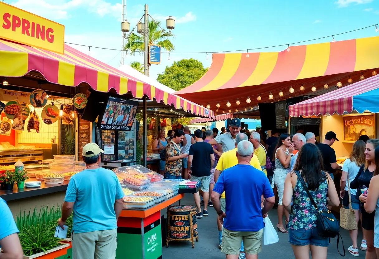 Scene from a vibrant food festival in Orlando with food stalls and attendees