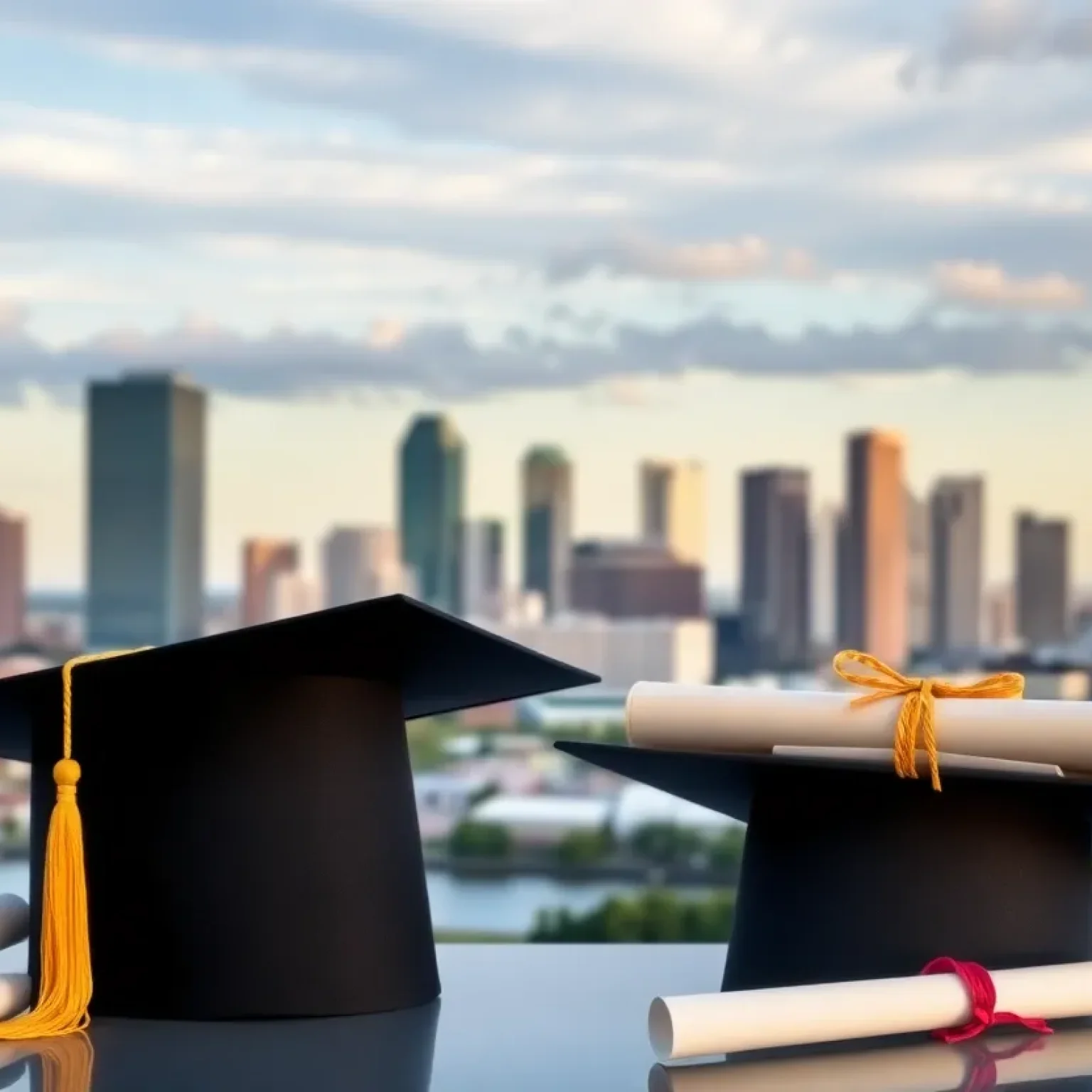 Orlando skyline with educational symbols representing graduate degrees and financial success