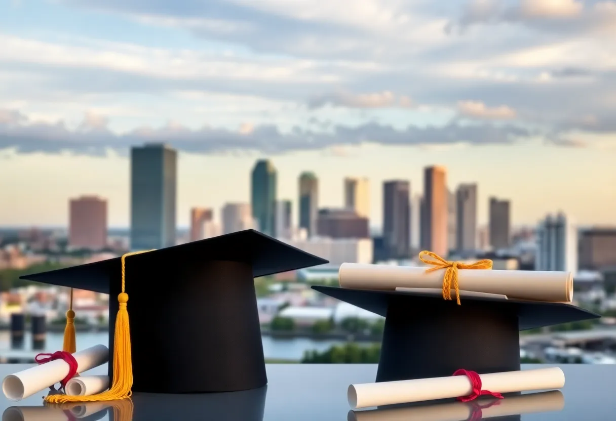 Orlando skyline with educational symbols representing graduate degrees and financial success