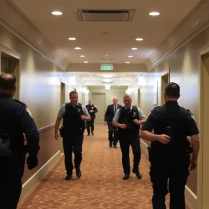 Security officers in a hotel hallway responding to a disturbance