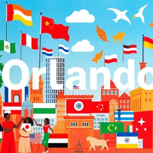 A collage of cultural symbols representing the diverse languages spoken in Orlando