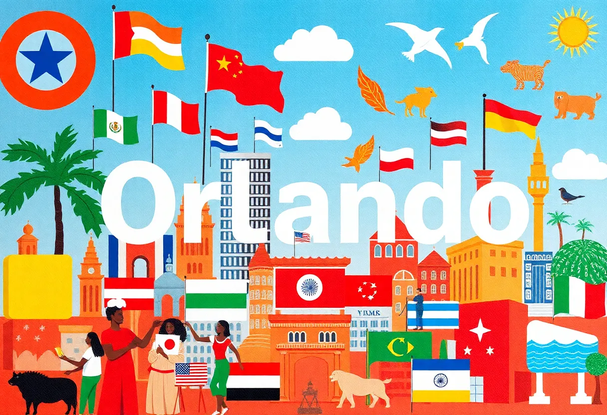 A collage of cultural symbols representing the diverse languages spoken in Orlando