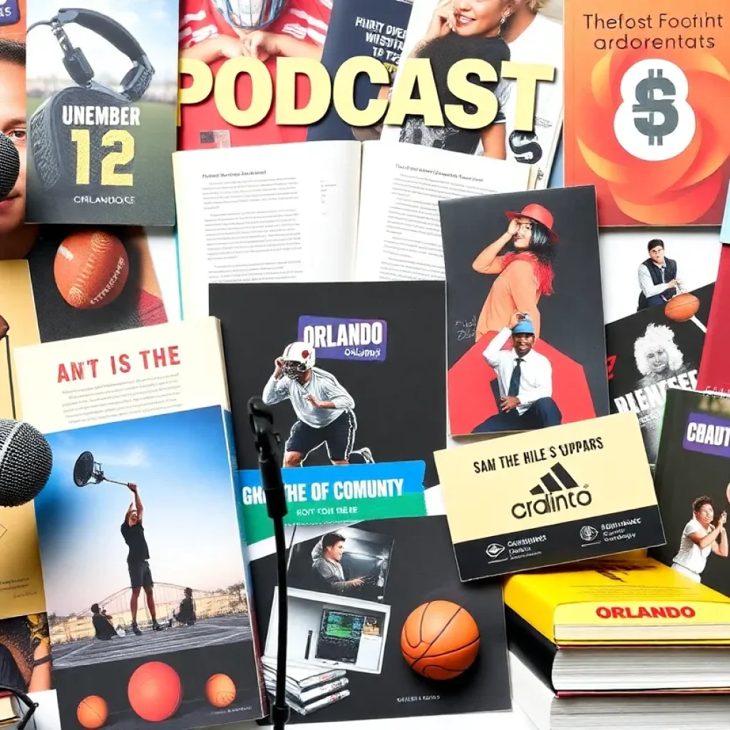Collage depicting the vibrant podcast scene in Orlando with microphones and books.