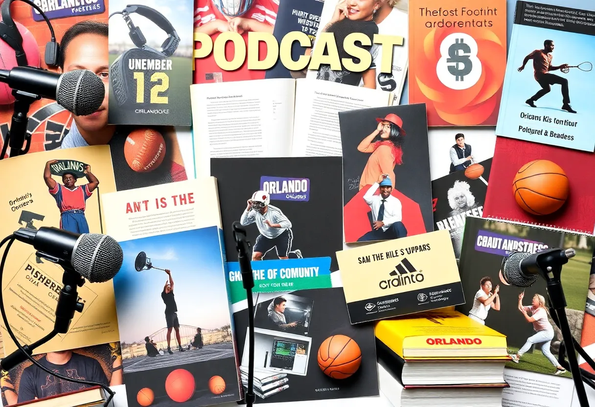 Collage depicting the vibrant podcast scene in Orlando with microphones and books.