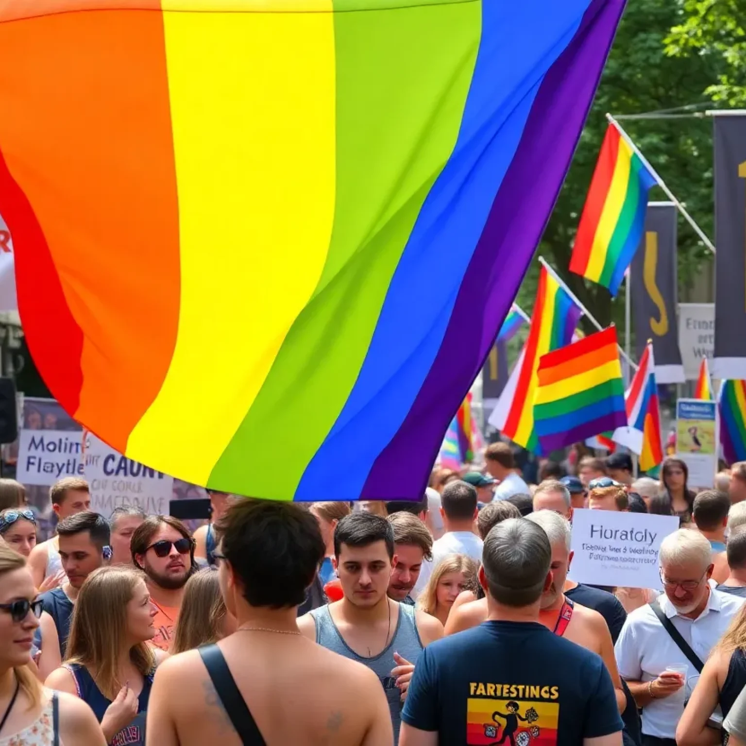 People celebrating at Orlando Pride event with rainbow flags.