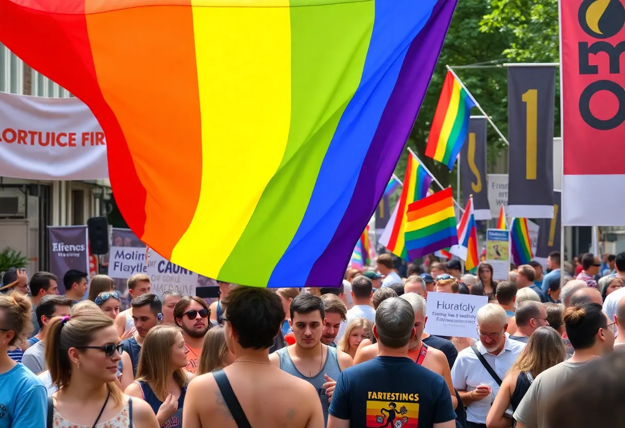 People celebrating at Orlando Pride event with rainbow flags.