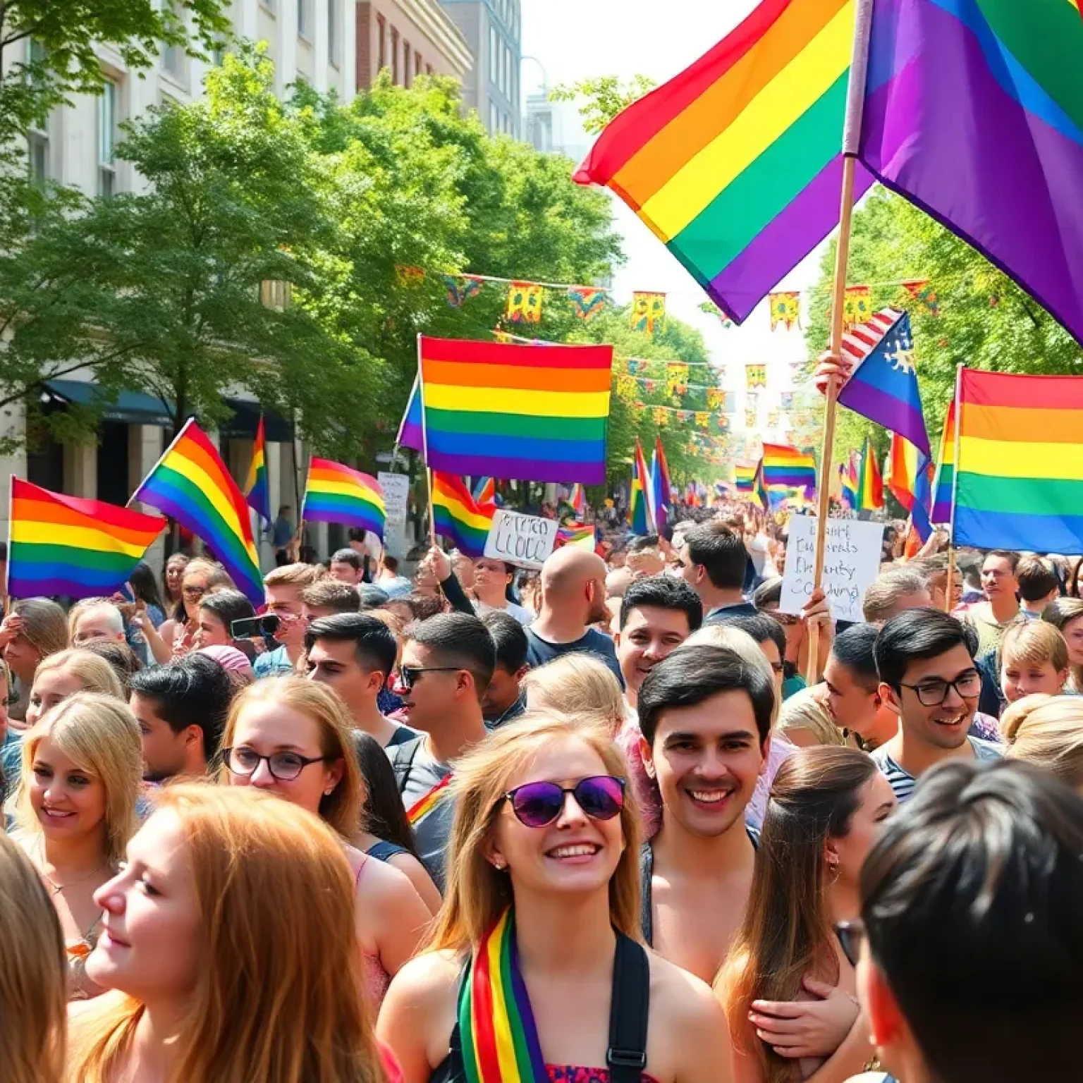 Celebration at the Orlando Pride Festival with participants holding rainbow flags.