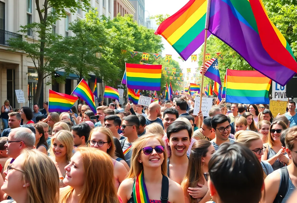 Celebration at the Orlando Pride Festival with participants holding rainbow flags.