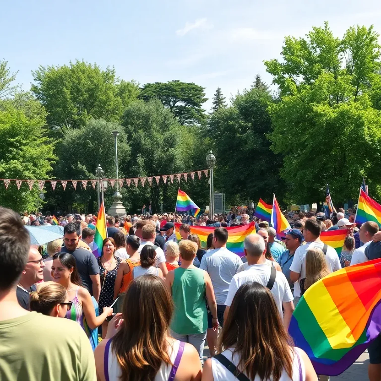 Crowd celebrating Pride Month in Orlando with rainbow flags