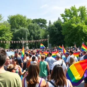 Crowd celebrating Pride Month in Orlando with rainbow flags