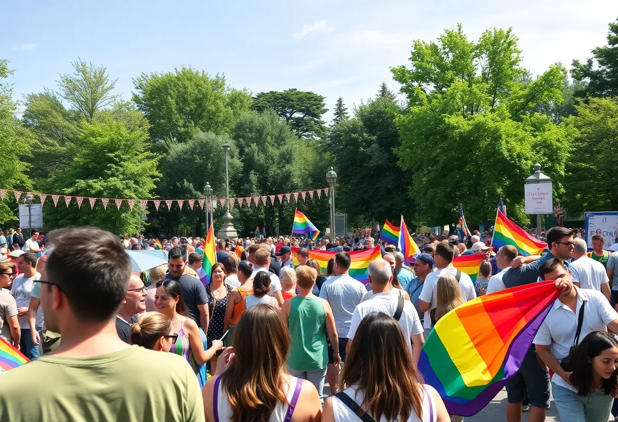 Crowd celebrating Pride Month in Orlando with rainbow flags