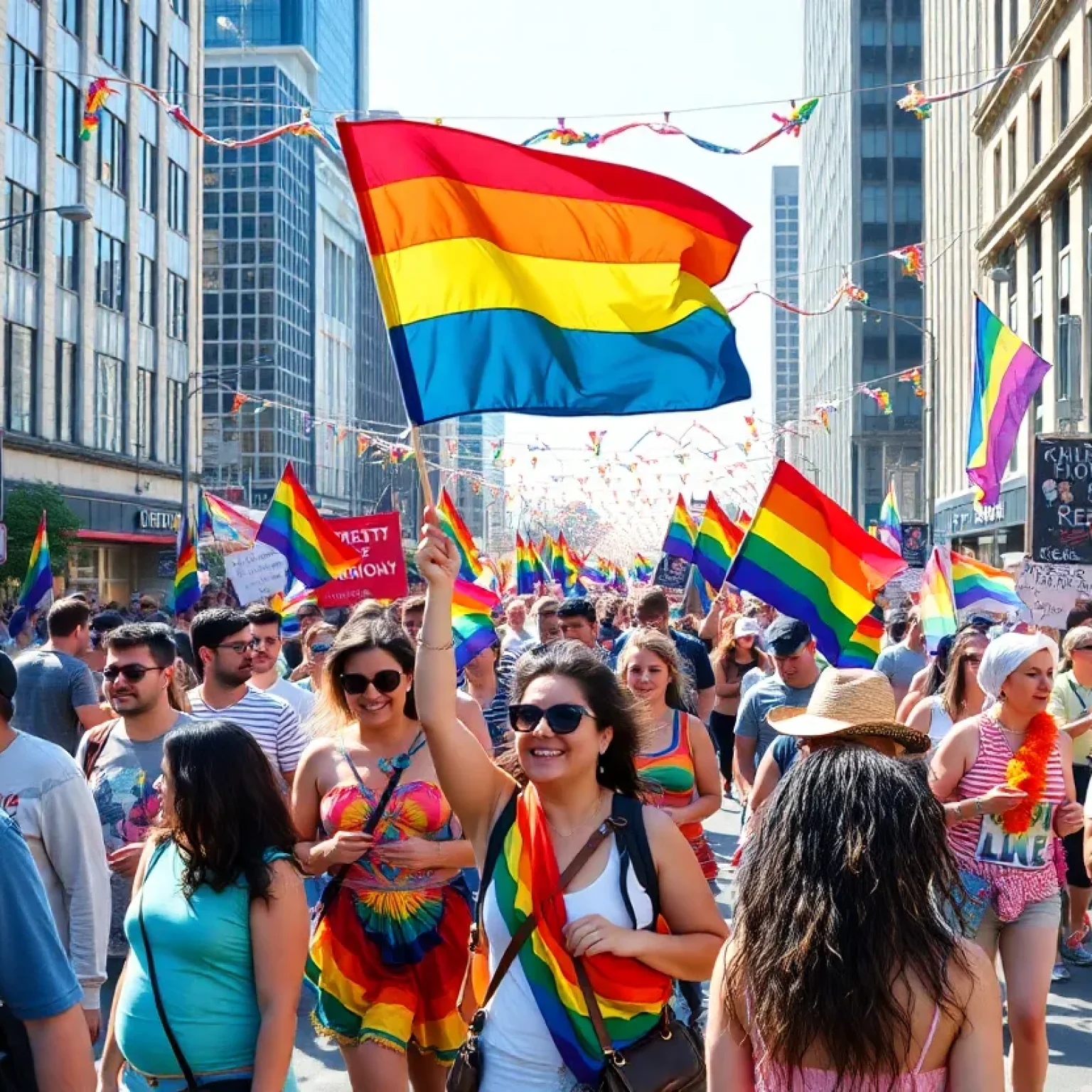 Diverse participants celebrating at Orlando Pride Parade with colorful flags.