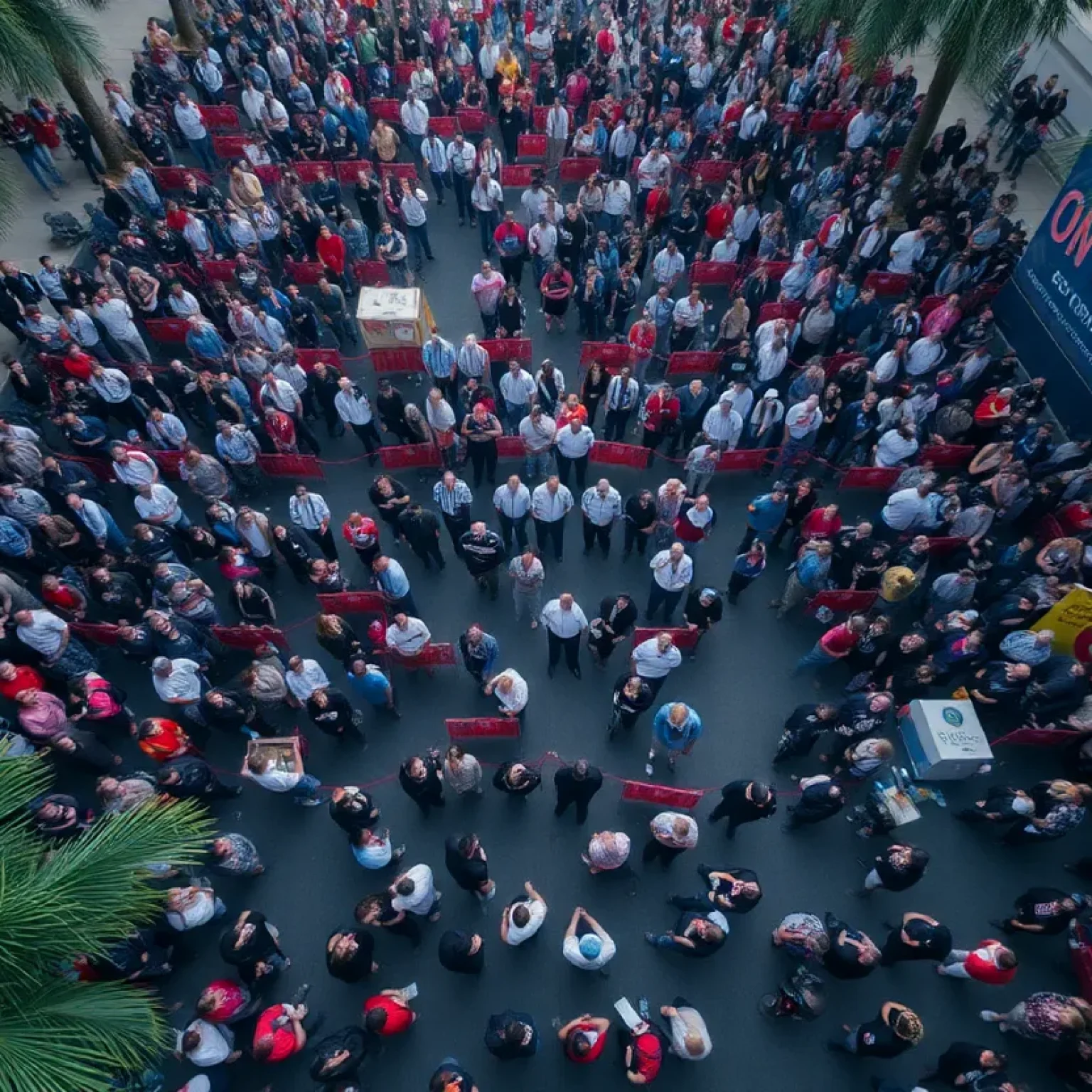 Crowd gathering at a public event in Orlando with visible safety measures