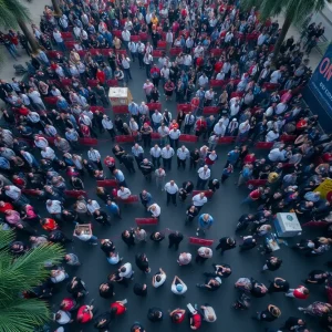 Crowd gathering at a public event in Orlando with visible safety measures
