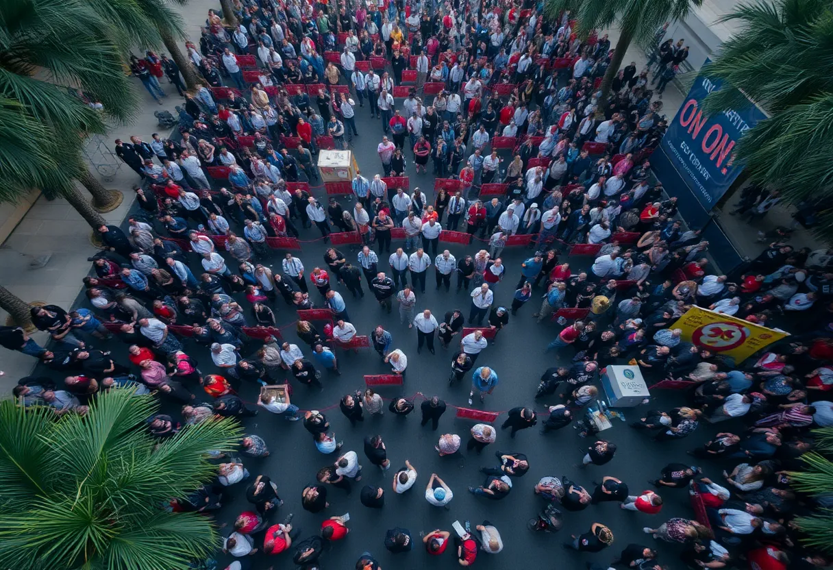 Crowd gathering at a public event in Orlando with visible safety measures