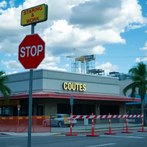 Construction site of a restaurant in Orlando with a stop-work sign