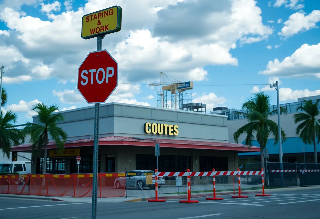 Construction site of a restaurant in Orlando with a stop-work sign