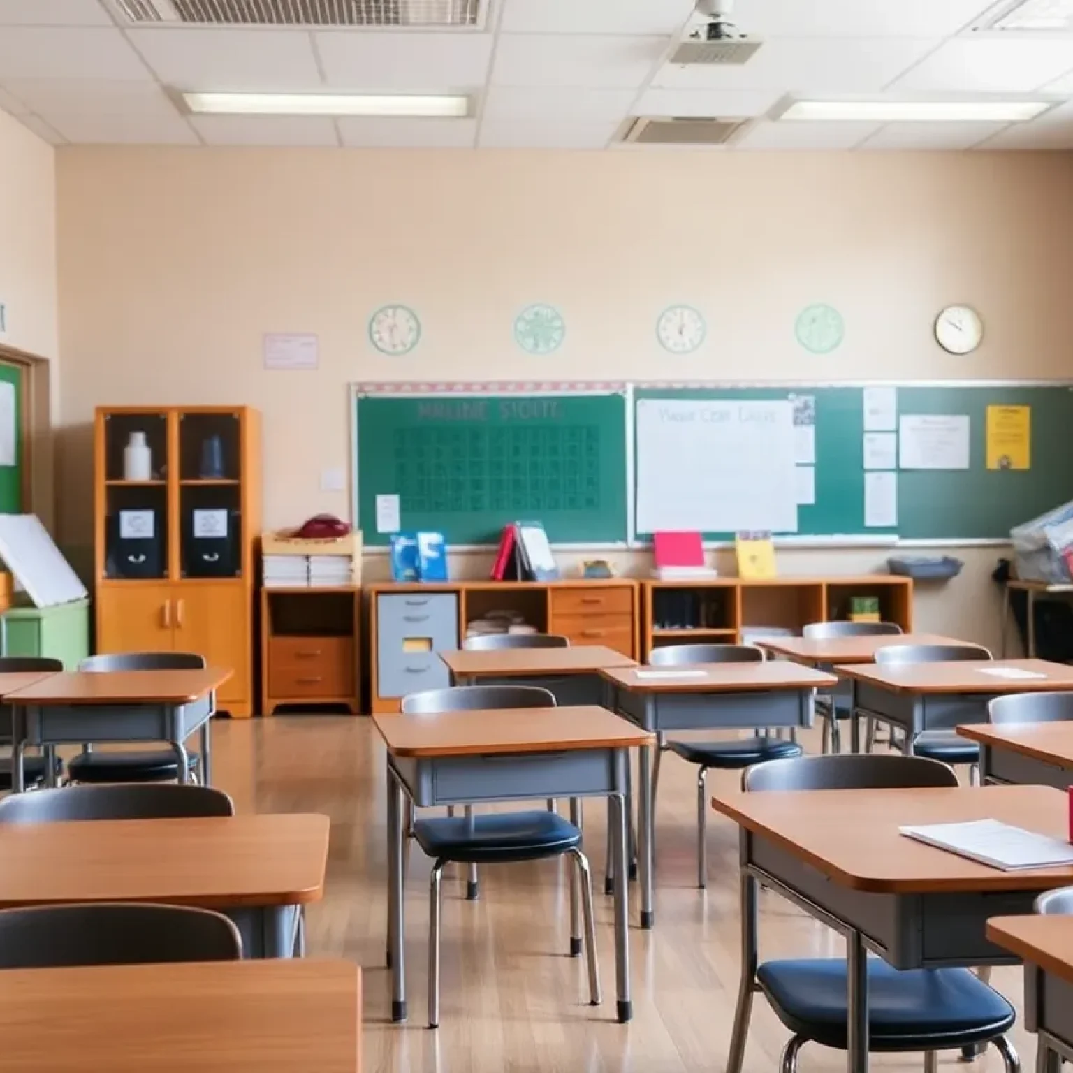 Inside view of a classroom at a school in Orlando with desks and educational materials.