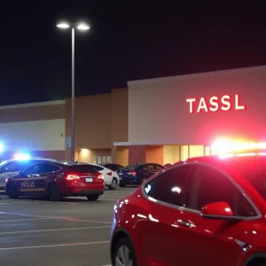 Police vehicles and emergency responders at the scene of a stabbing incident in an Orlando mall parking lot.