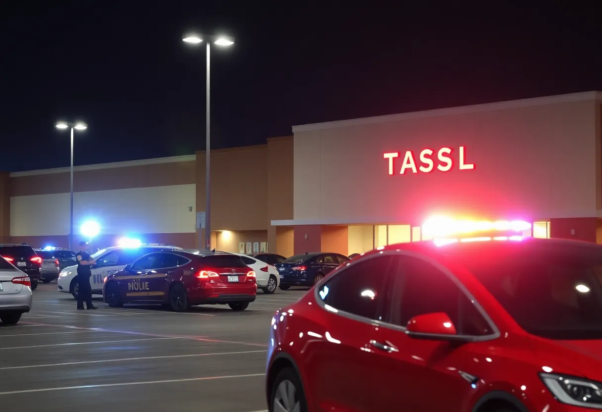 Police vehicles and emergency responders at the scene of a stabbing incident in an Orlando mall parking lot.
