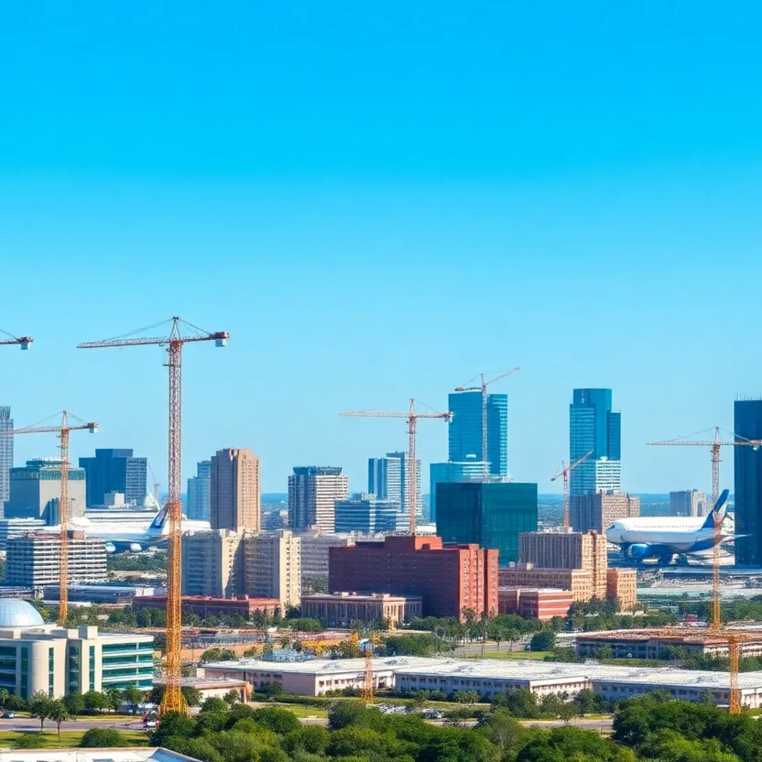 City skyline of Orlando with construction cranes and airport.