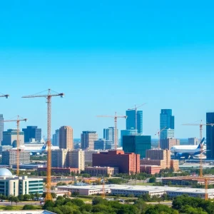 City skyline of Orlando with construction cranes and airport.