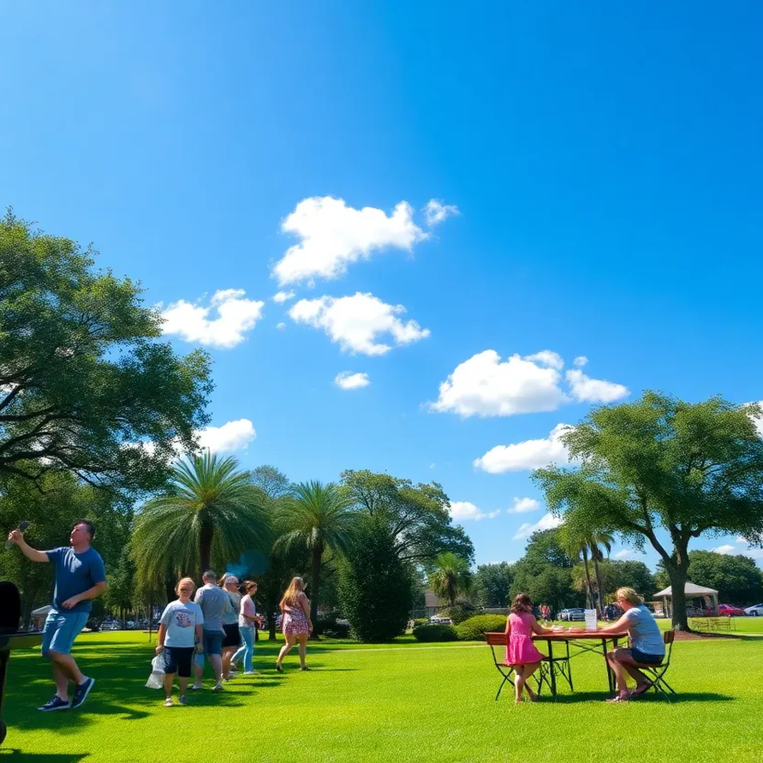 Families enjoying a sunny day in Orlando with scattered clouds.