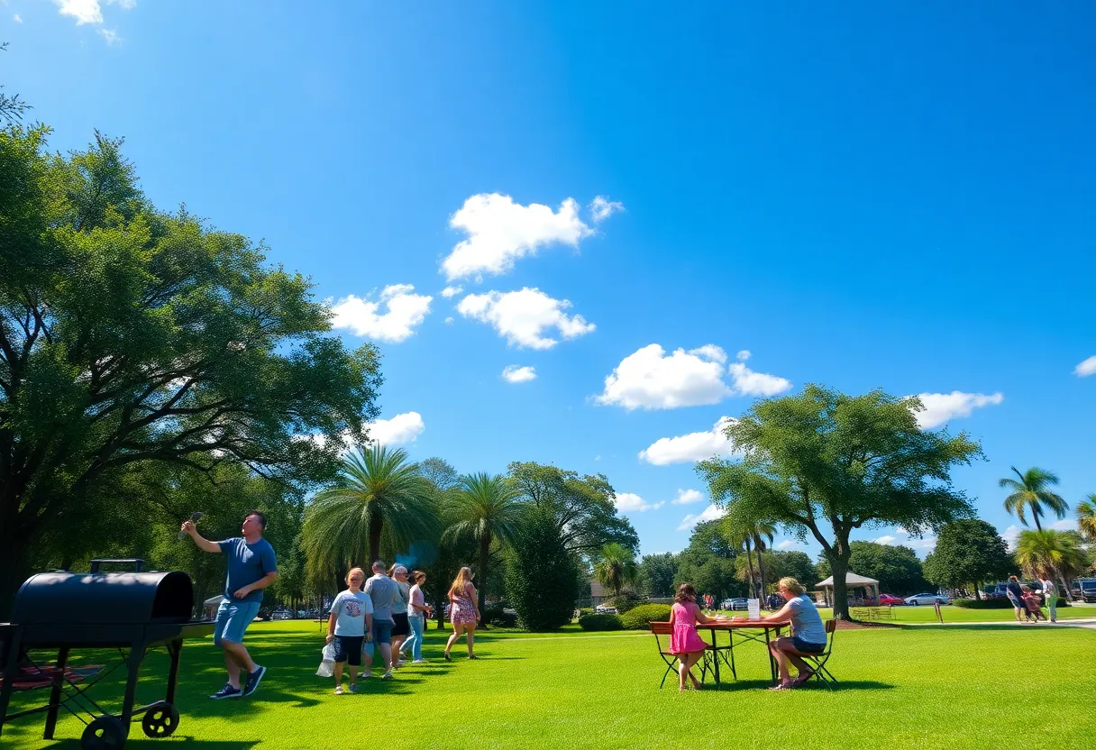 Families enjoying a sunny day in Orlando with scattered clouds.