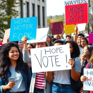 A diverse group of young voters at a political rally promoting progressive ideals.