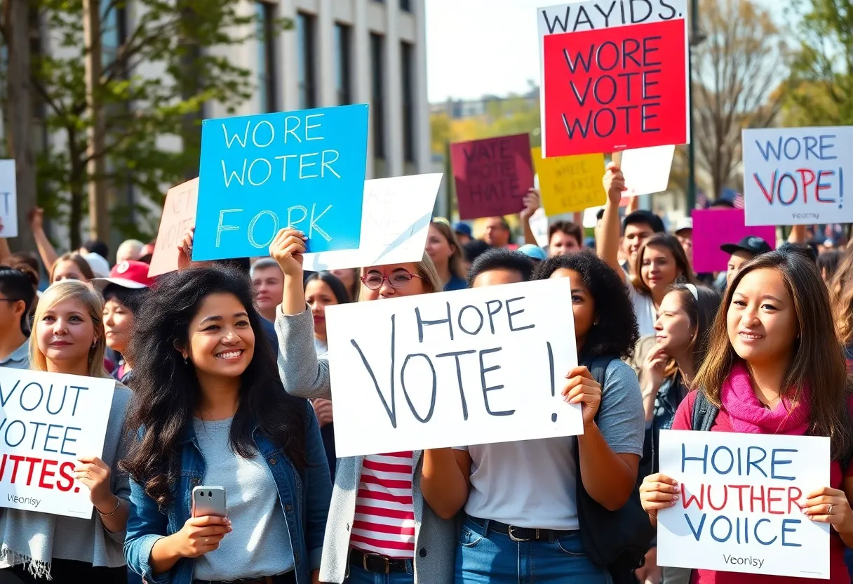 A diverse group of young voters at a political rally promoting progressive ideals.