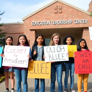 High school students protesting outside educational leadership center