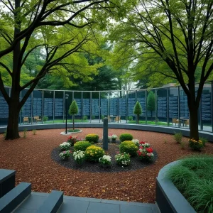 Memorial space for the Pulse nightclub shooting victims featuring glass panels and a garden.