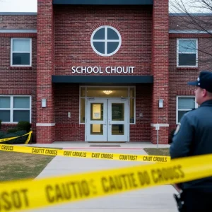School building with caution tape indicating a police presence.