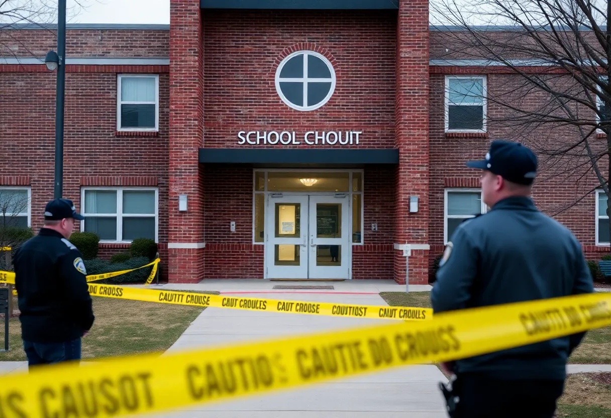 School building with caution tape indicating a police presence.