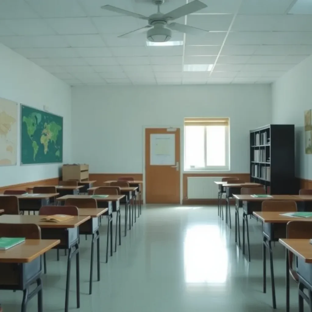 Empty classroom with books, emphasizing safety in schools