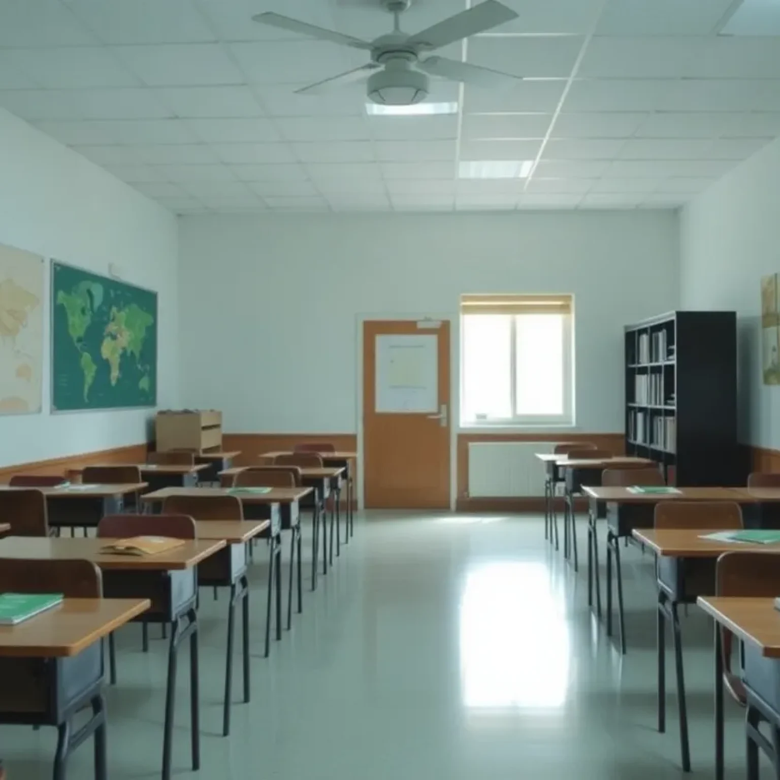 Empty classroom with books, emphasizing safety in schools