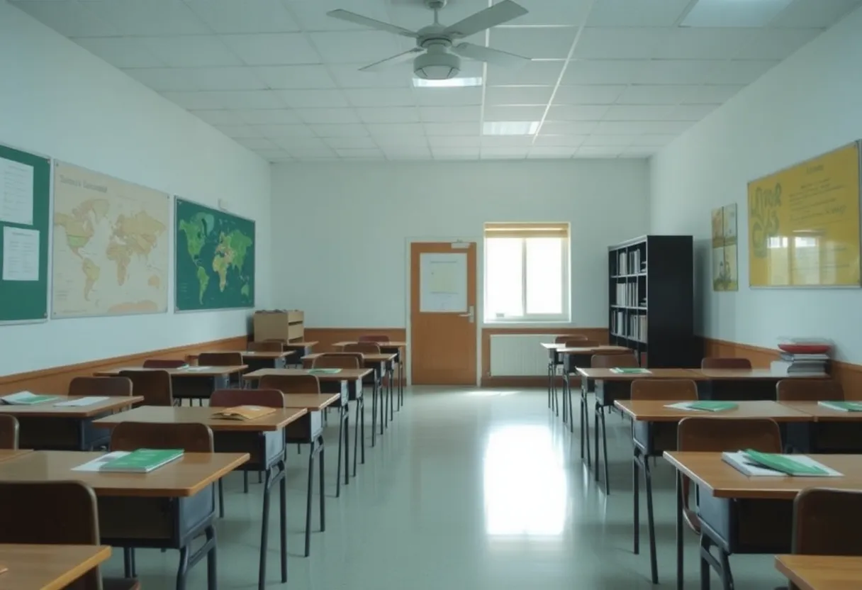 Empty classroom with books, emphasizing safety in schools