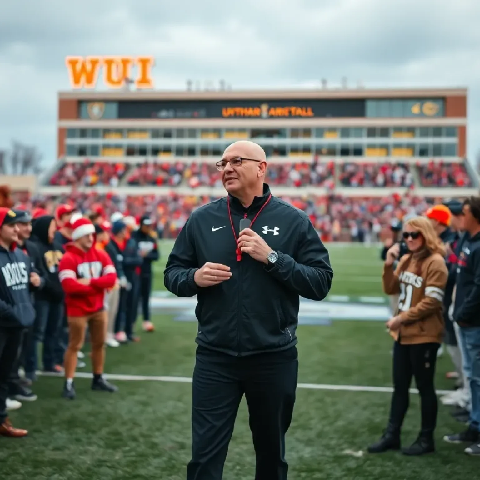 University football coach on campus overseeing practice