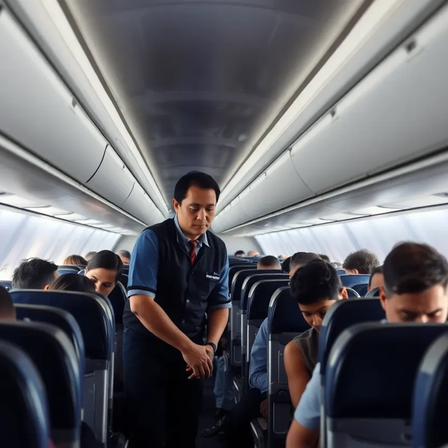 Interior of an airplane with passengers looking anxious and a flight attendant assisting.