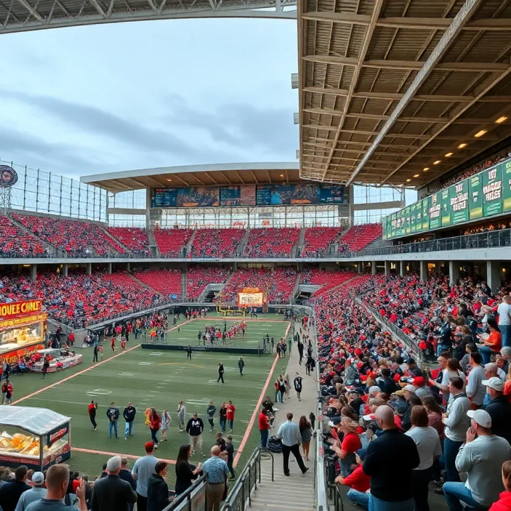 Vibrant scene of a university athletic venue with food concessions and fans enjoying the event.