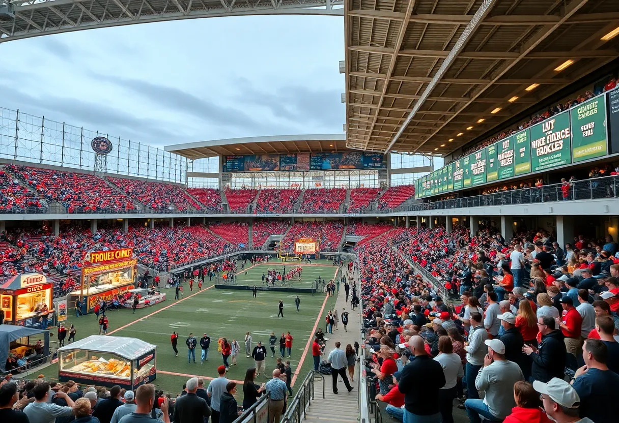 Vibrant scene of a university athletic venue with food concessions and fans enjoying the event.