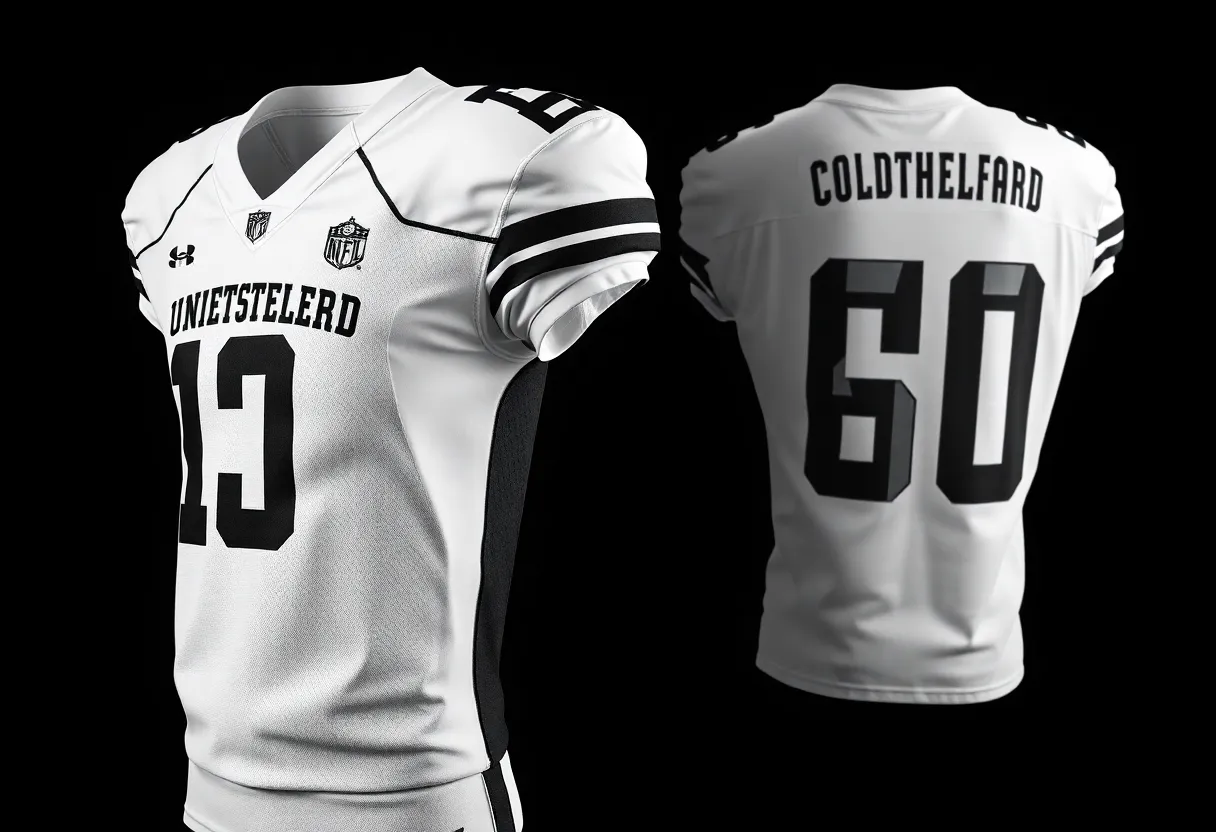 UCF football players showcasing new uniforms featuring Knighted Eras typeface