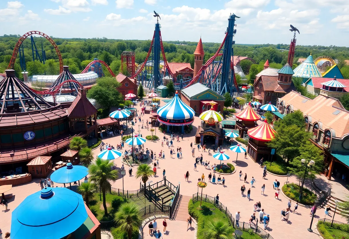 View of attractions at Universal Epic Universe theme park
